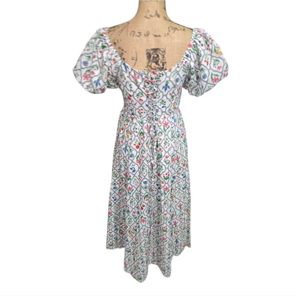 Anthropologie X Moon River Puff Sleeve Corset Midi Dress Ivory Multi Floral Med - Picture 5 of 11